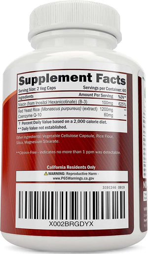 Red Yeast Rice 1200mg with CoQ10 & Flush - Free Niacin – 120 Vegetarian Capsules, Non - Irradiated & Citrinin - Free - Vitamen Store