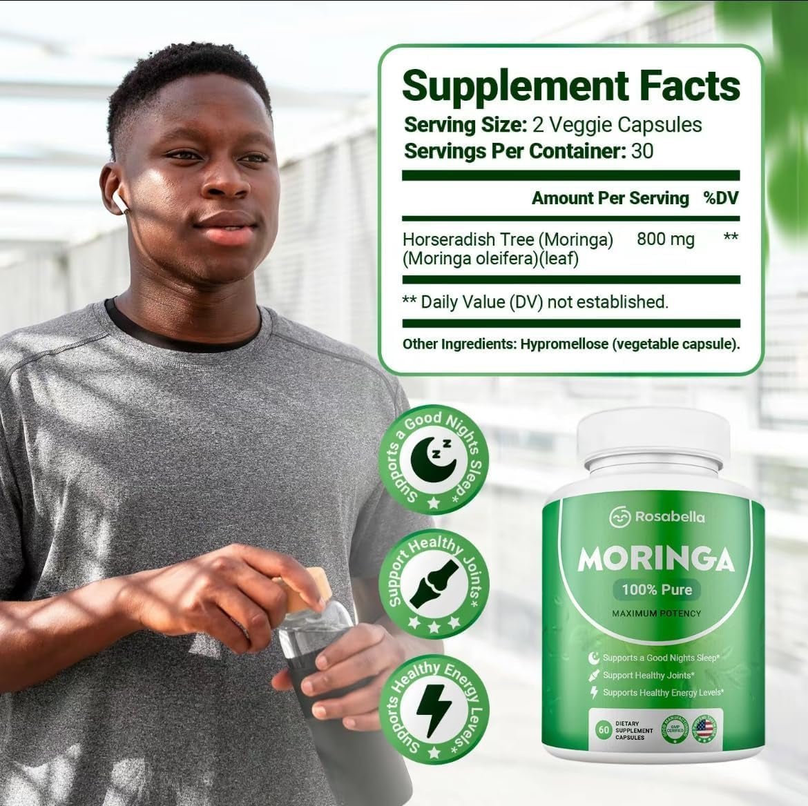 Rosabella Moringa Capsules - Pure Moringa Powder - 60 Count - Vitamen Store