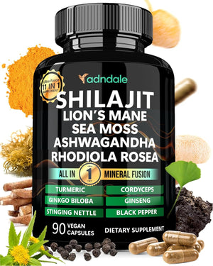 Shilajit Capsules – 11 - in - 1 Pure Himalayan Organic Blend with Sea Moss, Ashwagandha, Rhodiola Rosea, Panax Ginseng, Turmeric, Lion’s Mane, and Ginkgo – For Daily Use – 60 Capsules - Vitamen Store