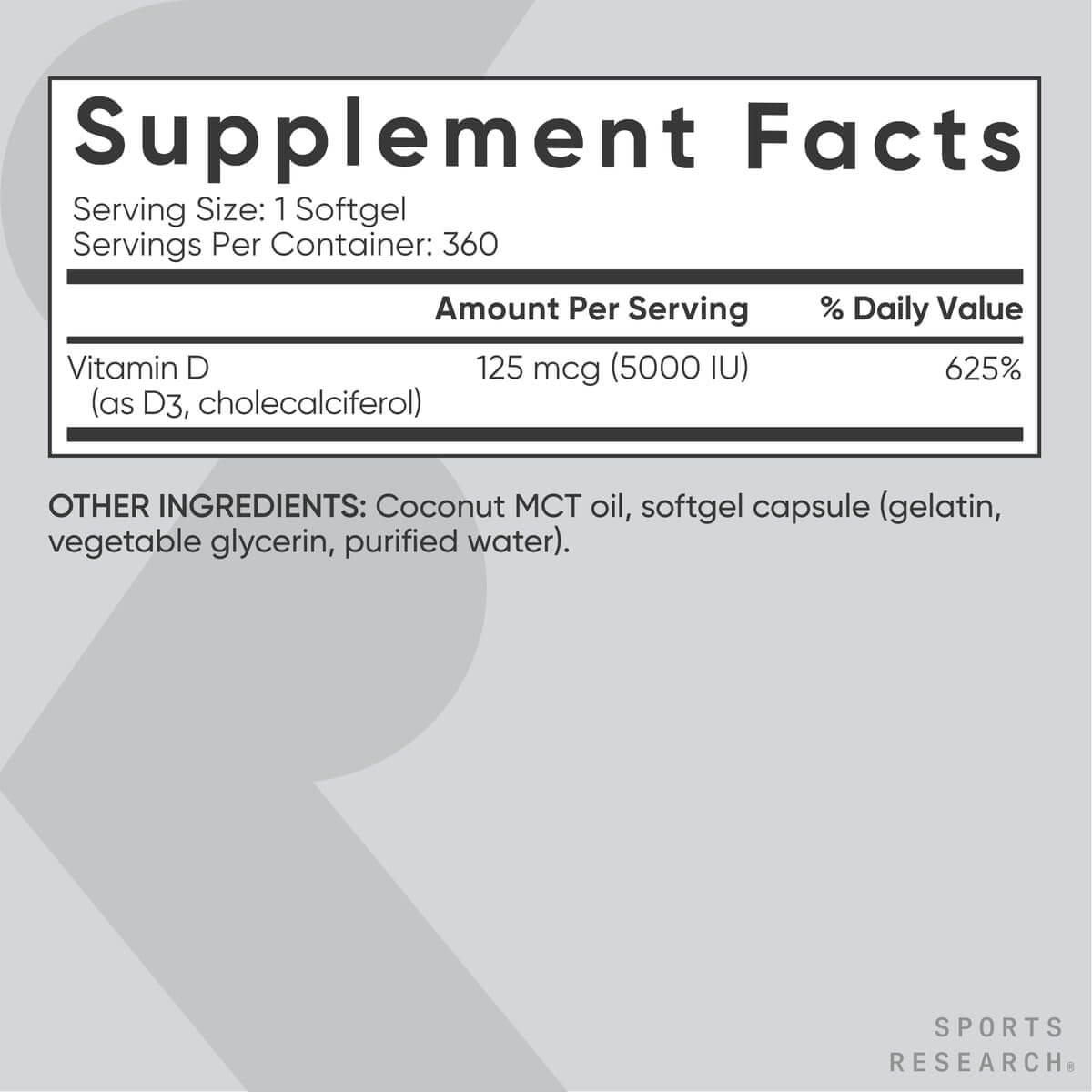 Sports Research Vitamin D3 5000 IU with Organic Coconut Oil – 360 Mini Softgels (125mcg) – Non - GMO – For Adults - Vitamen Store