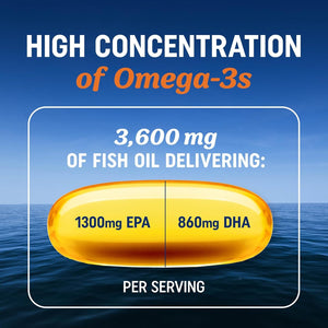 Triple Strength Omega - 3 Fish Oil 3600 mg – 1300 mg EPA and 860 mg DHA – Wild - Caught Burpless Fish Oil – 120 Softgels - Vitamen Store