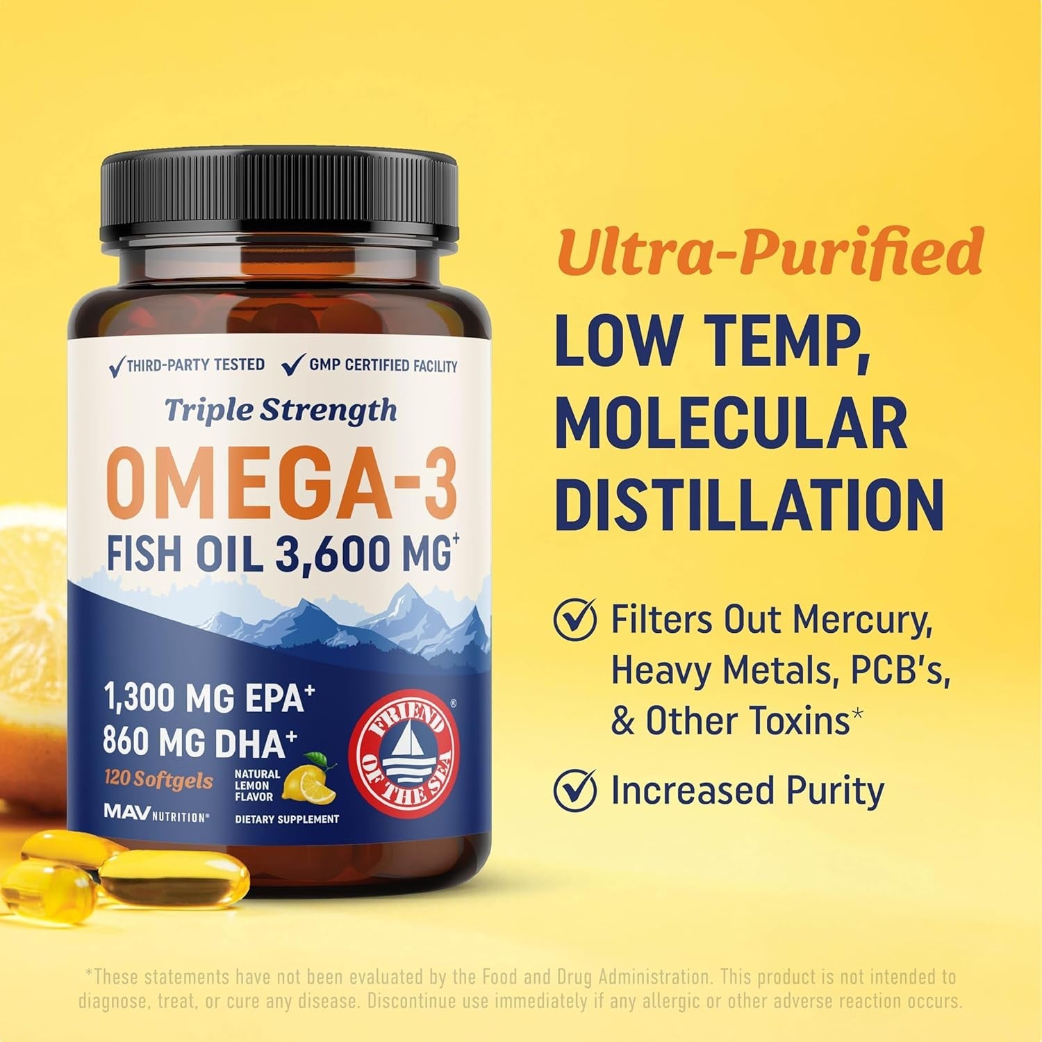 Triple Strength Omega - 3 Fish Oil 3600 mg – 1300 mg EPA and 860 mg DHA – Wild - Caught Burpless Fish Oil – 120 Softgels - Vitamen Store