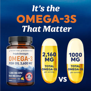 Triple Strength Omega - 3 Fish Oil 3600 mg – 1300 mg EPA and 860 mg DHA – Wild - Caught Burpless Fish Oil – 120 Softgels - Vitamen Store