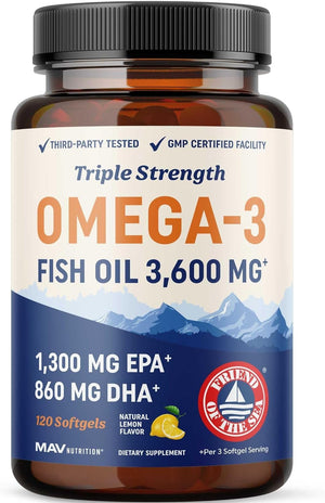 Triple Strength Omega - 3 Fish Oil 3600 mg – 1300 mg EPA and 860 mg DHA – Wild - Caught Burpless Fish Oil – 120 Softgels - Vitamen Store