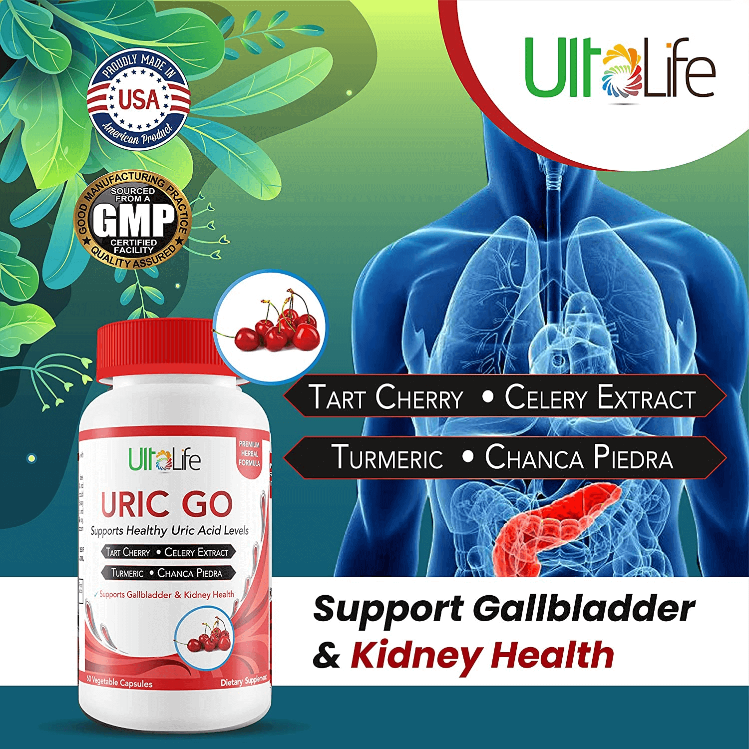 URIC GO Dietary Supplement – Tart Cherry, Chanca Piedra, Cranberry, Turmeric & Celery Seed Capsules - Vitamen Store