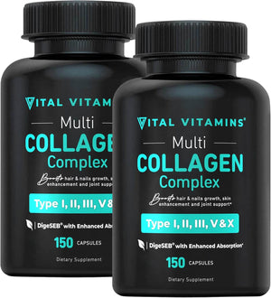 Vital Vitamins Multi Collagen Complex (2 Pack) - Type I, II, III, V, X, Grass Fed, Non - Gmo, 300 Capsules - Vitamen Store