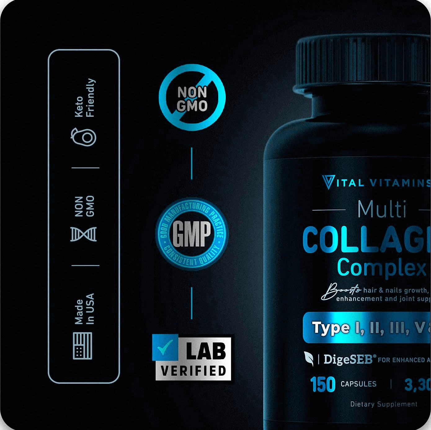 Vital Vitamins Multi Collagen Complex - Type I, II, III, V, X, Grass Fed, Non - GMO, 150 Capsules - Vitamen Store
