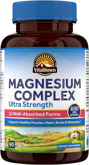Vitalitown 10 in 1 Magnesium Complex Supplement - 400Mg Elemental Magnesium Chelated with Glycinate, Citrate, Malate, Taurate & More - for Sleep Muscle Heart Energy - Non - Gmo, Vegan, 90 Caps - Vitamen Store