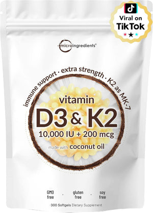 Vitamin D3 10000 Iu plus K2 (MK - 7) 200 Mcg, 300 Virgin Coconut Oil Softgels| 2 in 1 Vitamins D & K Complex | Supports Calcium Absorption, Bone, Immune, & Heart Health – Easy to Swallow - Vitamen Store