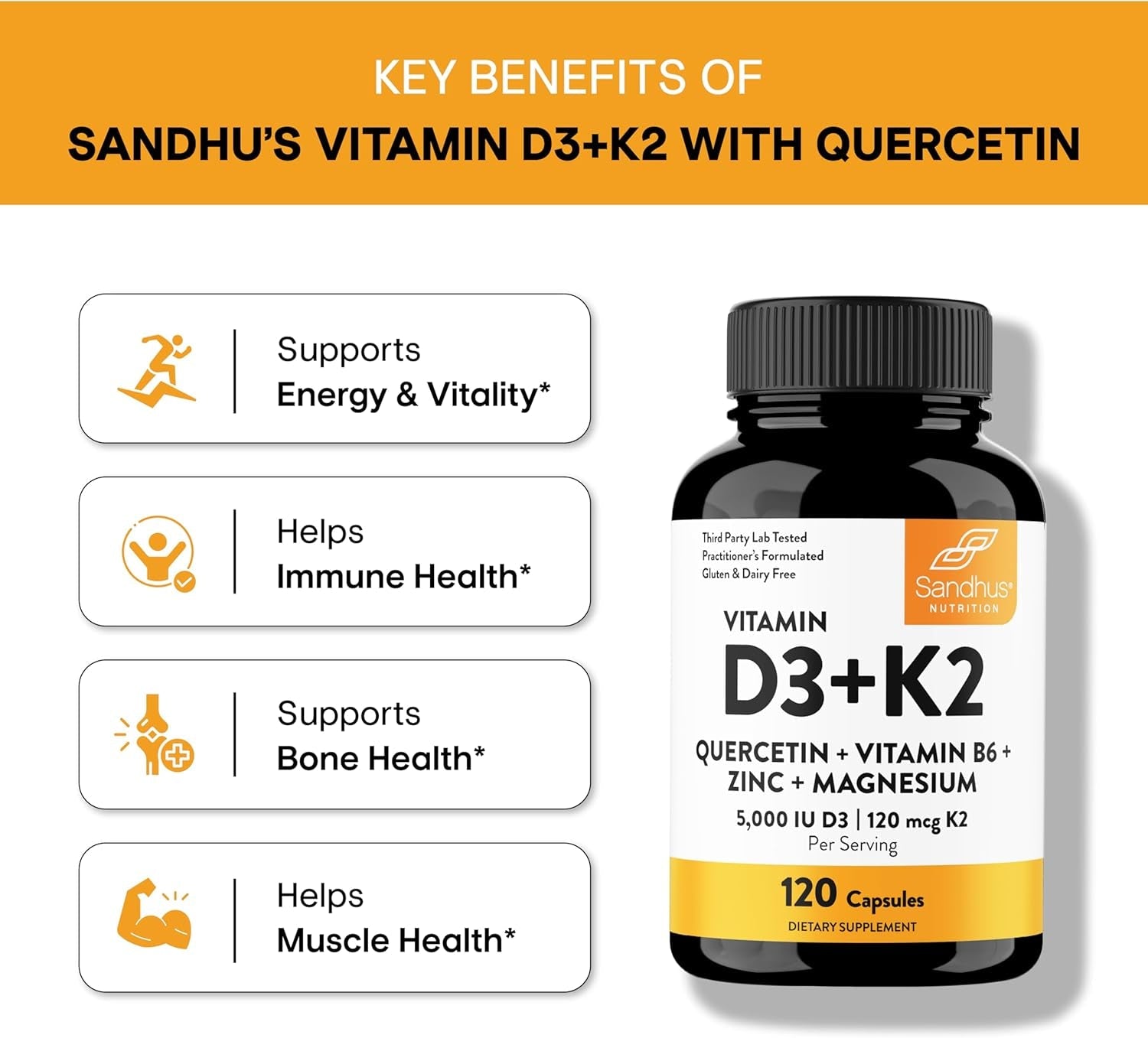 Vitamin D3 K2 5000 IU Capsules with Magnesium, Vitamin B6, Zinc & Quercetin - 120 Count - Vitamen Store