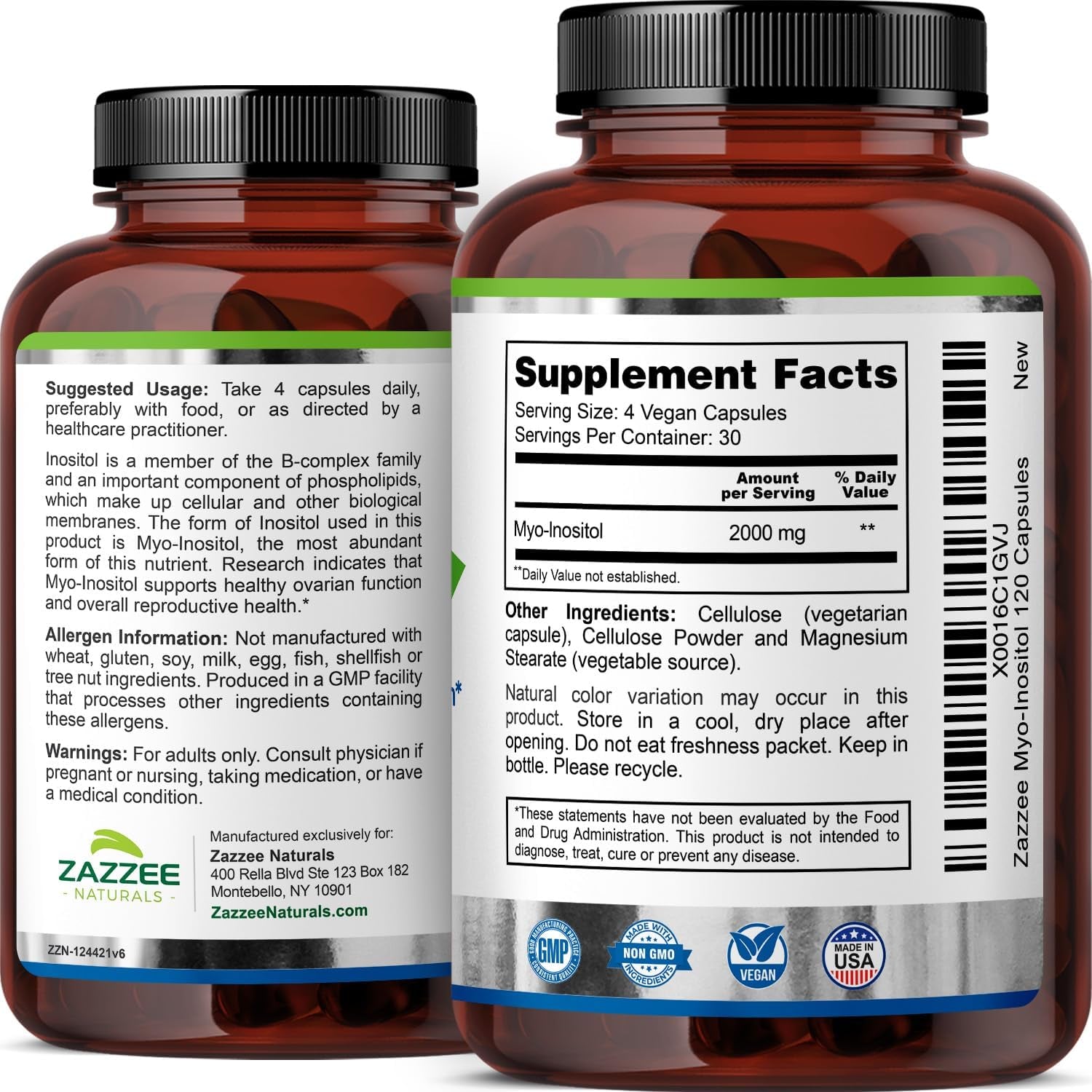 Zazzee Myo - Inositol Capsules – 2000 mg per Serving – 120 Vegan Capsules – Ideal for 40:1 Ratio – Non - GMO, All - Natural, 100% Vegetarian - Vitamen Store