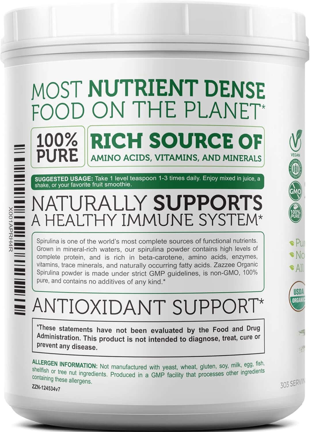 Zazzee Organic Spirulina Powder, 2.2 Pounds (1 KG), USDA Certified, 303 Servings, 100% Pure, Non - Irradiated, Mess - Free Wide Mouth Container, Fresh Smell and Neutral Taste, Vegan, Non - Gmo, Gluten - Free - Vitamen Store