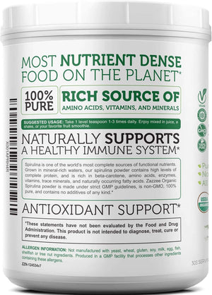 Zazzee Organic Spirulina Powder, 2.2 Pounds (1 KG), USDA Certified, 303 Servings, 100% Pure, Non - Irradiated, Mess - Free Wide Mouth Container, Fresh Smell and Neutral Taste, Vegan, Non - Gmo, Gluten - Free - Vitamen Store