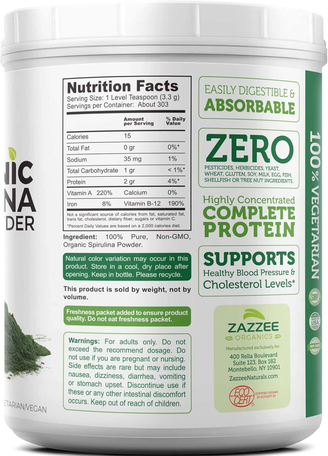 Zazzee Organic Spirulina Powder, 2.2 Pounds (1 KG), USDA Certified, 303 Servings, 100% Pure, Non - Irradiated, Mess - Free Wide Mouth Container, Fresh Smell and Neutral Taste, Vegan, Non - Gmo, Gluten - Free - Vitamen Store