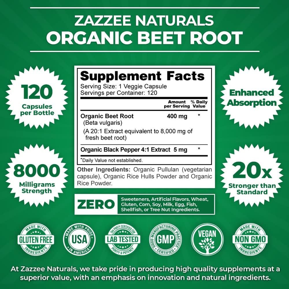 Zazzee USDA Organic Beet Root 20:1 Extract – 8000 mg Strength – 120 Vegan Quick Release Capsules with Black Pepper Extract – Non - GMO, Made in the USA - Vitamen Store