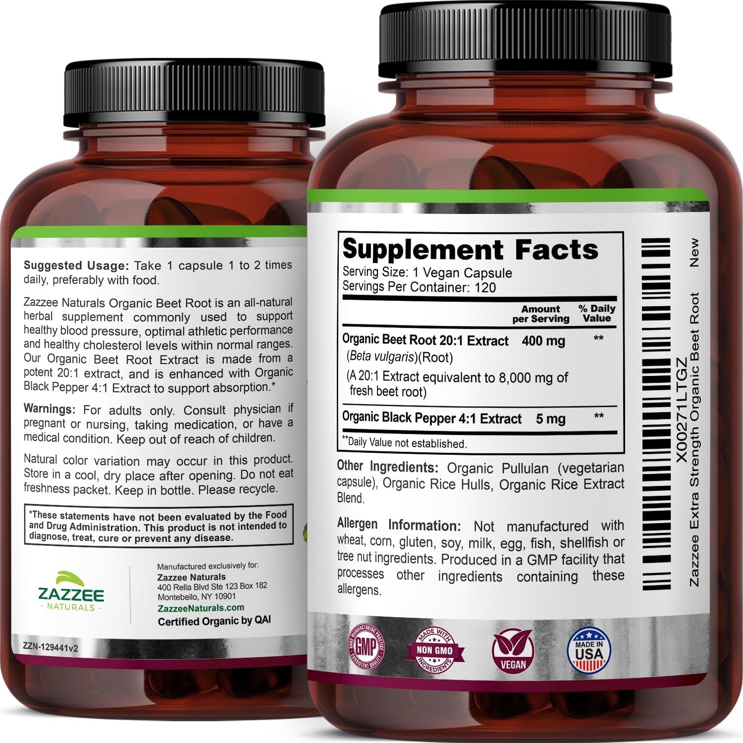 Zazzee USDA Organic Beet Root 20:1 Extract – 8000 mg Strength – 120 Vegan Quick Release Capsules with Black Pepper Extract – Non - GMO, Made in the USA - Vitamen Store