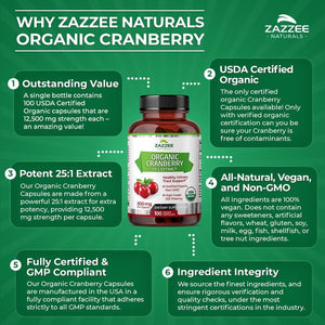 Zazzee USDA Organic Cranberry 25:1 Extract, 12,500 Mg Strength, 100 Vegan Capsules, over 3 Month Supply, Standardized, Concentrated 25X Extract, 100% Vegetarian, Certified Organic, Non - Gmo All - Natural - Vitamen Store