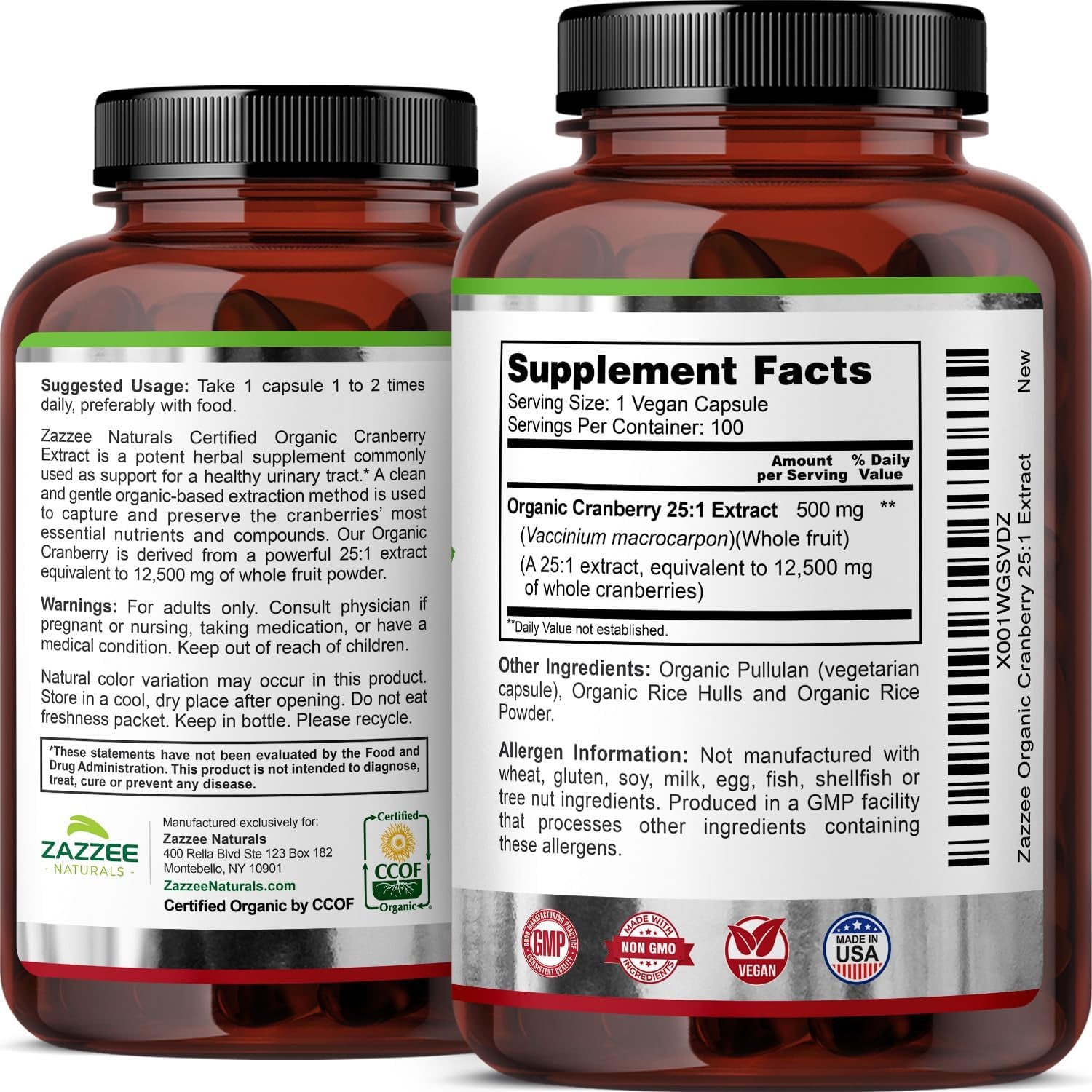 Zazzee USDA Organic Cranberry 25:1 Extract, 12,500 Mg Strength, 100 Vegan Capsules, over 3 Month Supply, Standardized, Concentrated 25X Extract, 100% Vegetarian, Certified Organic, Non - Gmo All - Natural - Vitamen Store