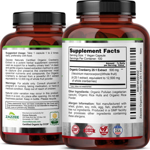 Zazzee USDA Organic Cranberry 25:1 Extract, 12,500 Mg Strength, 100 Vegan Capsules, over 3 Month Supply, Standardized, Concentrated 25X Extract, 100% Vegetarian, Certified Organic, Non - Gmo All - Natural - Vitamen Store