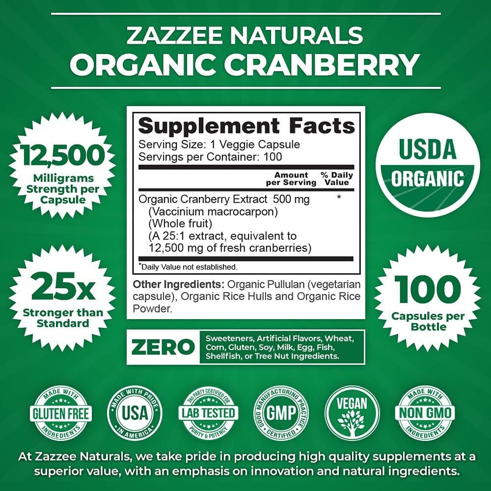 Zazzee USDA Organic Cranberry 25:1 Extract, 12,500 Mg Strength, 100 Vegan Capsules, over 3 Month Supply, Standardized, Concentrated 25X Extract, 100% Vegetarian, Certified Organic, Non - Gmo All - Natural - Vitamen Store