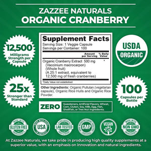 Zazzee USDA Organic Cranberry 25:1 Extract, 12,500 Mg Strength, 100 Vegan Capsules, over 3 Month Supply, Standardized, Concentrated 25X Extract, 100% Vegetarian, Certified Organic, Non - Gmo All - Natural - Vitamen Store