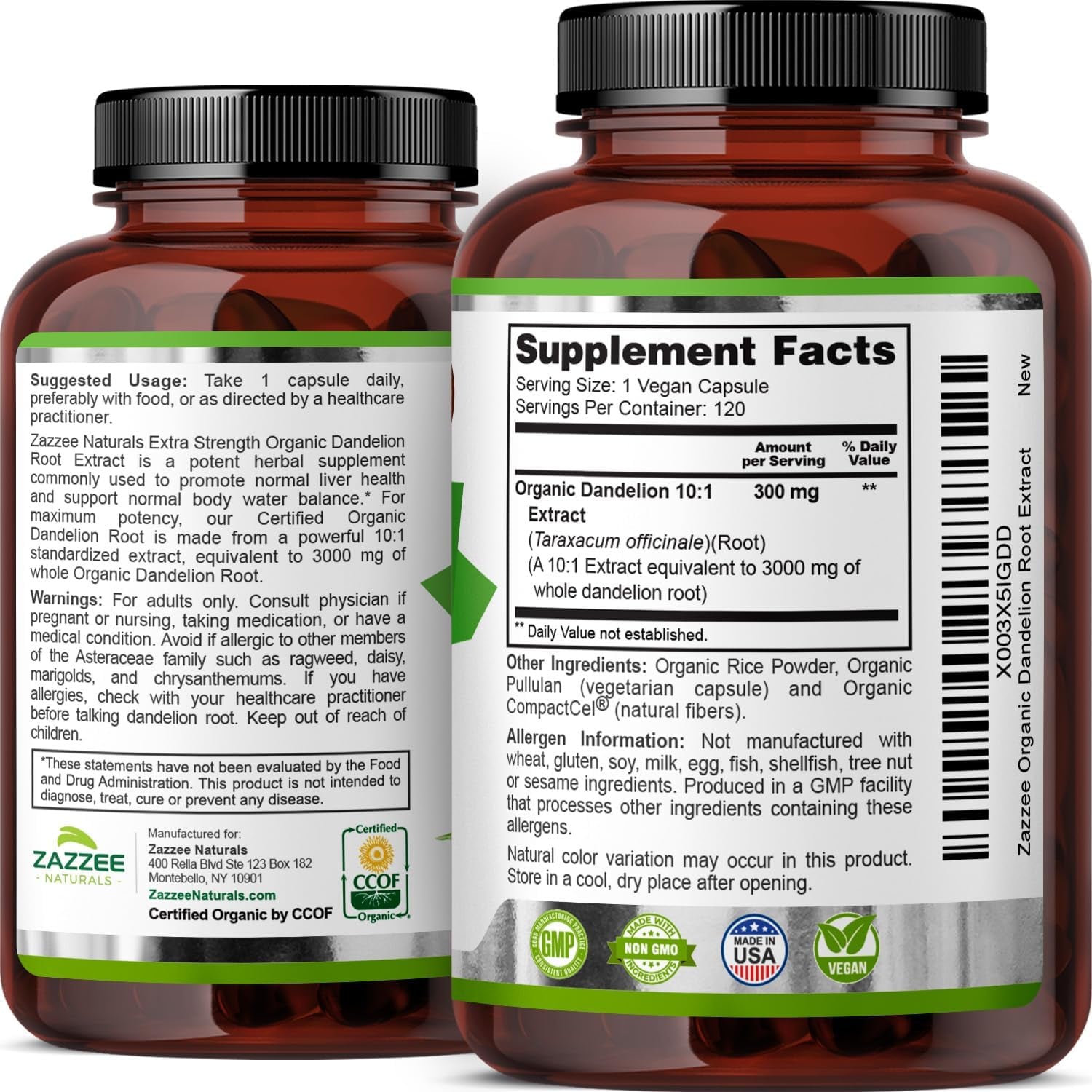 Zazzee USDA Organic Dandelion Root 10:1 Extract – 3000 mg Strength – 120 Capsules – Non - GMO, All - Natural, 100% Vegetarian - Vitamen Store