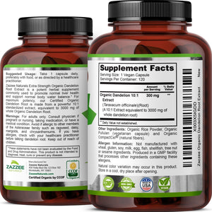 Zazzee USDA Organic Dandelion Root 10:1 Extract – 3000 mg Strength – 120 Capsules – Non - GMO, All - Natural, 100% Vegetarian - Vitamen Store