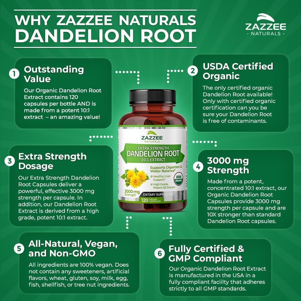 Zazzee USDA Organic Dandelion Root 10:1 Extract – 3000 mg Strength – 120 Capsules – Non - GMO, All - Natural, 100% Vegetarian - Vitamen Store