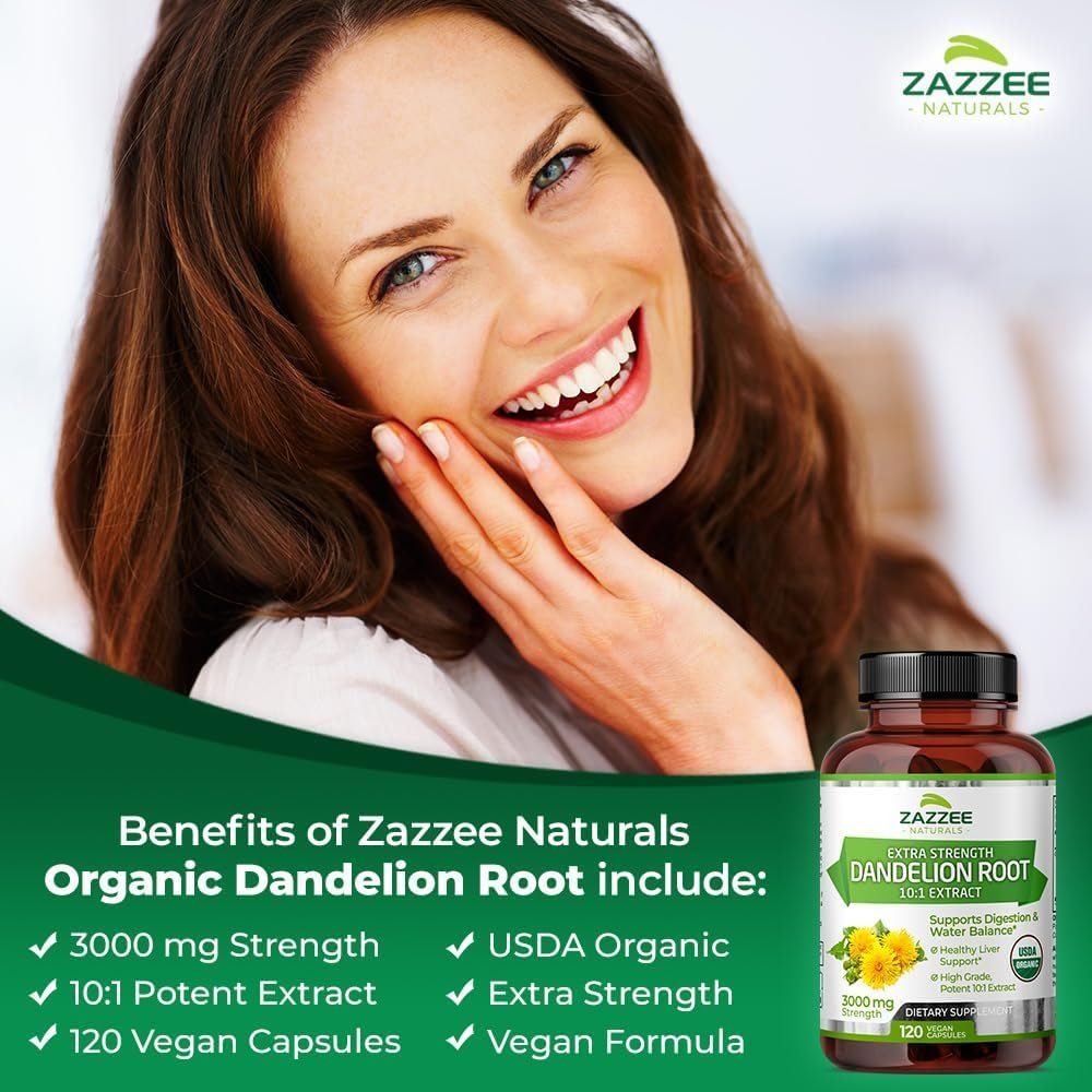Zazzee USDA Organic Dandelion Root 10:1 Extract – 3000 mg Strength – 120 Capsules – Non - GMO, All - Natural, 100% Vegetarian - Vitamen Store