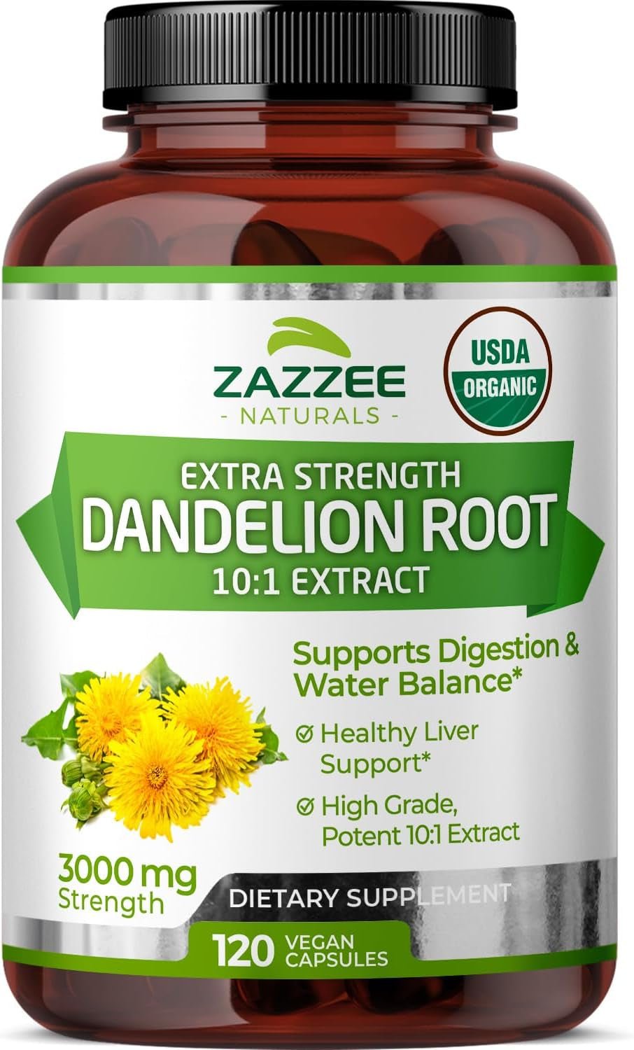 Zazzee USDA Organic Dandelion Root 10:1 Extract – 3000 mg Strength – 120 Capsules – Non - GMO, All - Natural, 100% Vegetarian - Vitamen Store