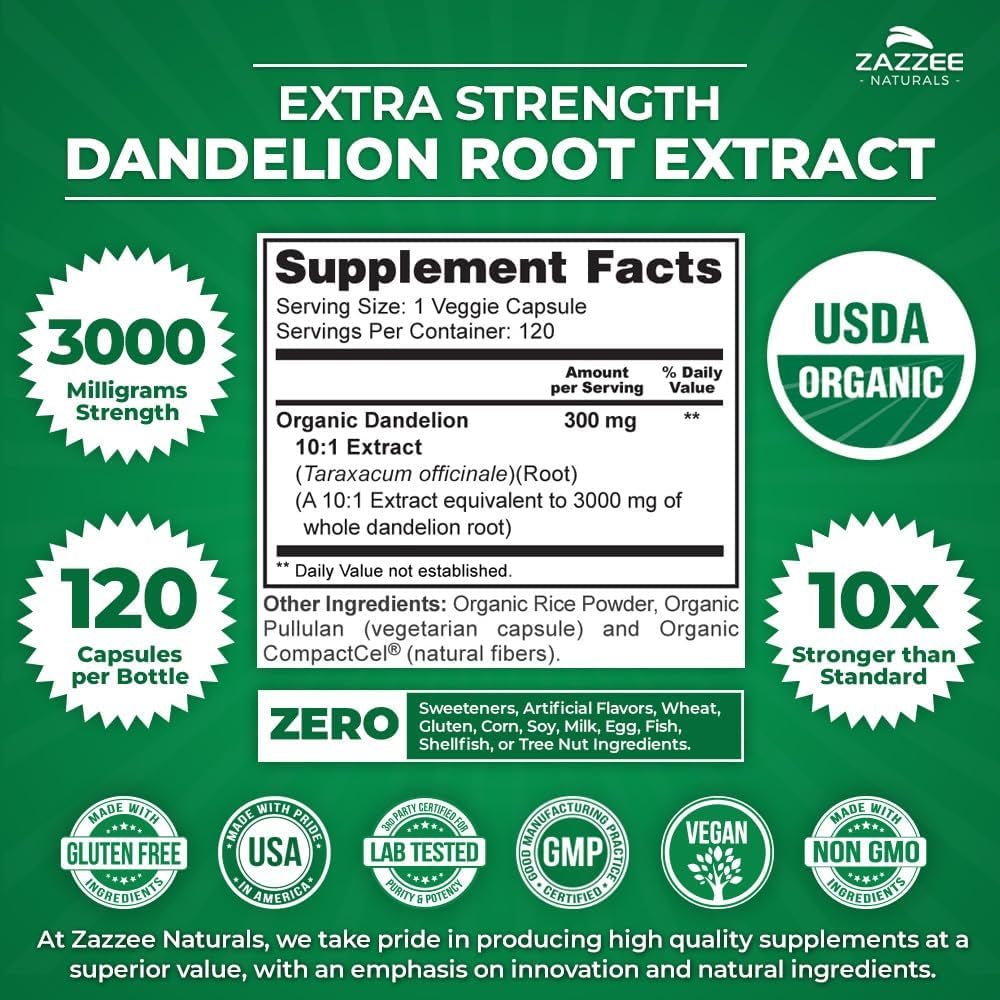 Zazzee USDA Organic Dandelion Root 10:1 Extract – 3000 mg Strength – 120 Capsules – Non - GMO, All - Natural, 100% Vegetarian - Vitamen Store