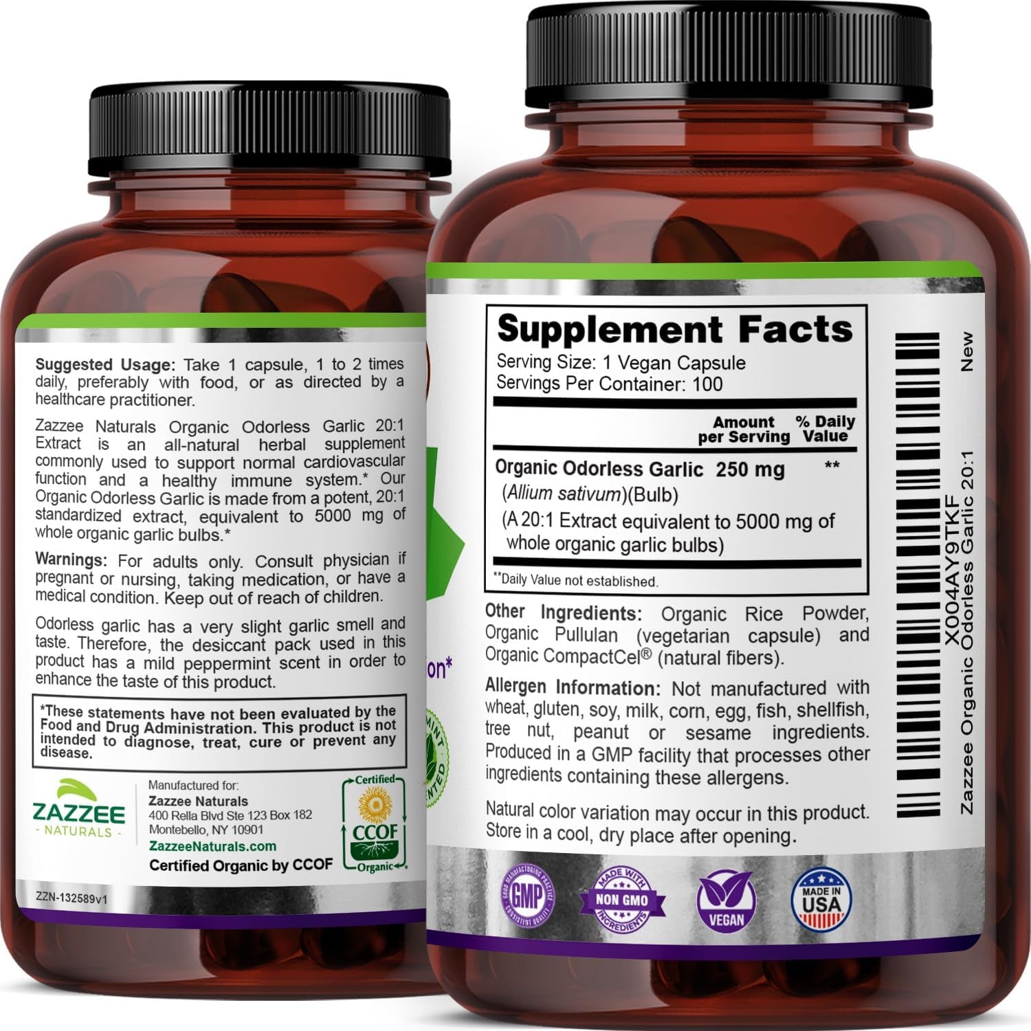 Zazzee USDA Organic Odorless Garlic 20:1 Extract – 5000 mg Strength – 100 Vegan Capsules – Non - GMO, All - Natural, Made in the USA - Vitamen Store