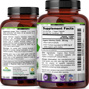 Zazzee USDA Organic Odorless Garlic 20:1 Extract – 5000 mg Strength – 100 Vegan Capsules – Non - GMO, All - Natural, Made in the USA - Vitamen Store