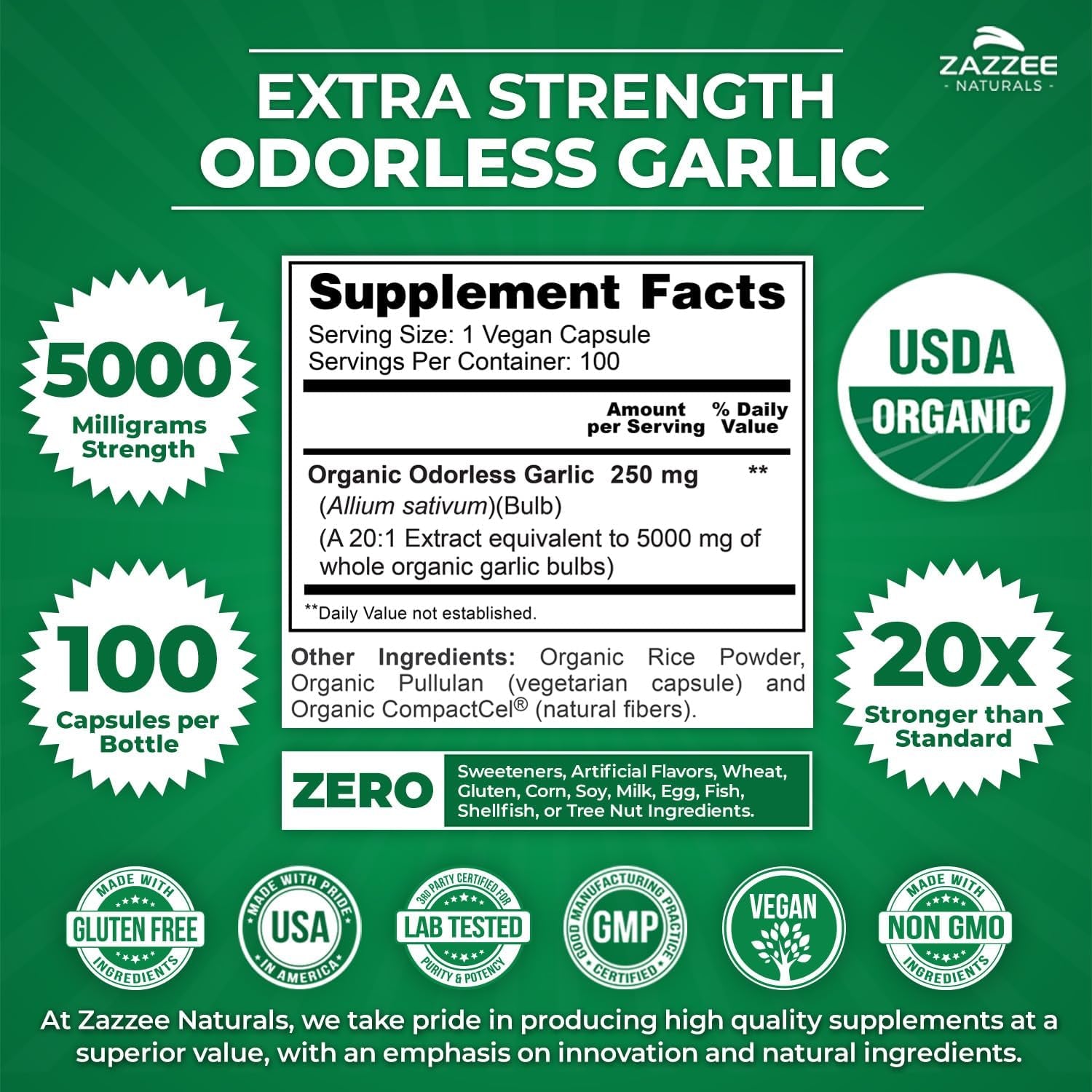 Zazzee USDA Organic Odorless Garlic 20:1 Extract – 5000 mg Strength – 100 Vegan Capsules – Non - GMO, All - Natural, Made in the USA - Vitamen Store