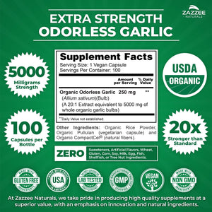 Zazzee USDA Organic Odorless Garlic 20:1 Extract – 5000 mg Strength – 100 Vegan Capsules – Non - GMO, All - Natural, Made in the USA - Vitamen Store