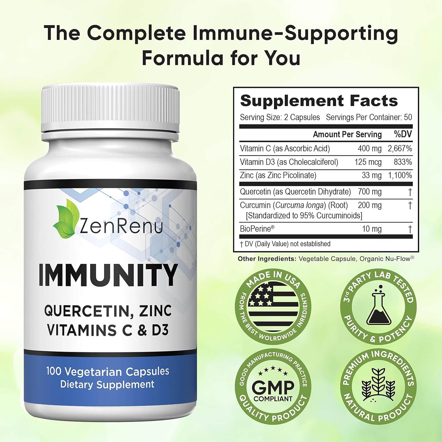 Zenrenu Quercetin 700mg with Zinc, Vitamin C, Vitamin D & Curcumin – 100 Vegetarian Capsules (50 - Day Supply) - Vitamen Store