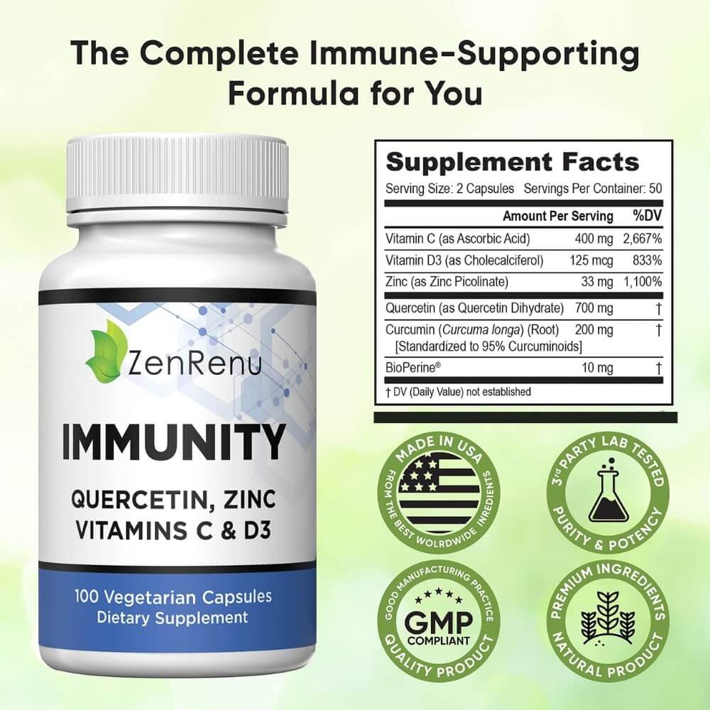 Zenrenu Quercetin 700mg with Zinc, Vitamin C, Vitamin D & Curcumin – 100 Vegetarian Capsules (50 - Day Supply) - Vitamen Store