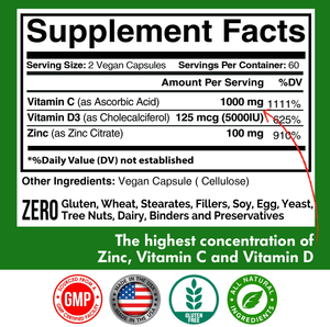 Zinc 100mg, Vitamin C 1000mg, Vitamin D 5000IU per Serving, Immune Support for Adults Kids, Immune System Booster Supplements, Non GMO, No Filler, No Stearate, 120 Vegan Capsules, 60 Day Supply - Vitamen Store