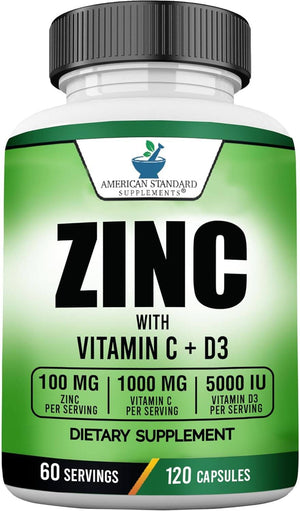 Zinc 100mg, Vitamin C 1000mg, Vitamin D 5000IU per Serving, Immune Support for Adults Kids, Immune System Booster Supplements, Non GMO, No Filler, No Stearate, 120 Vegan Capsules, 60 Day Supply - Vitamen Store