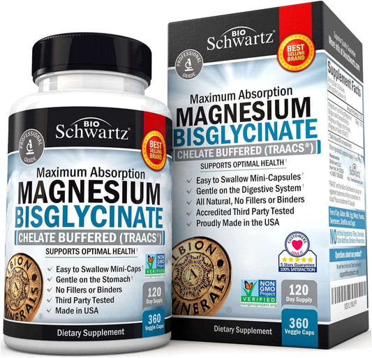Magnesium Bisglycinate 100% Chelate No-Laxative Effect - Maximum Absorption & Bioavailability, Fully Reacted & Buffered - Healthy Energy Muscle Bone & Joint Support - Non-Gmo Project Verified - 360 Ct - vitamenstore.com