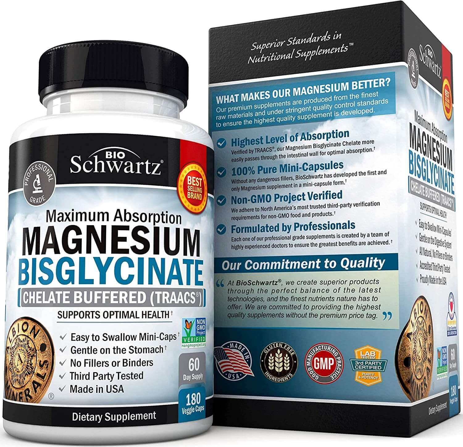 Magnesium Bisglycinate 100% Chelate No-Laxative Effect - Maximum Absorption & Bioavailability, Fully Reacted & Buffered - Healthy Energy Muscle Bone & Joint Support - Non-Gmo Project Verified -180Ct - vitamenstore.com