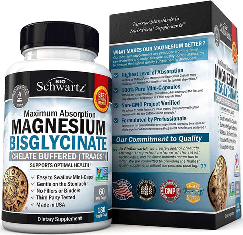 Magnesium Bisglycinate 100% Chelate No-Laxative Effect - Maximum Absorption & Bioavailability, Fully Reacted & Buffered - Healthy Energy Muscle Bone & Joint Support - Non-Gmo Project Verified -180Ct | Free Shipping | Vitamenstore.com