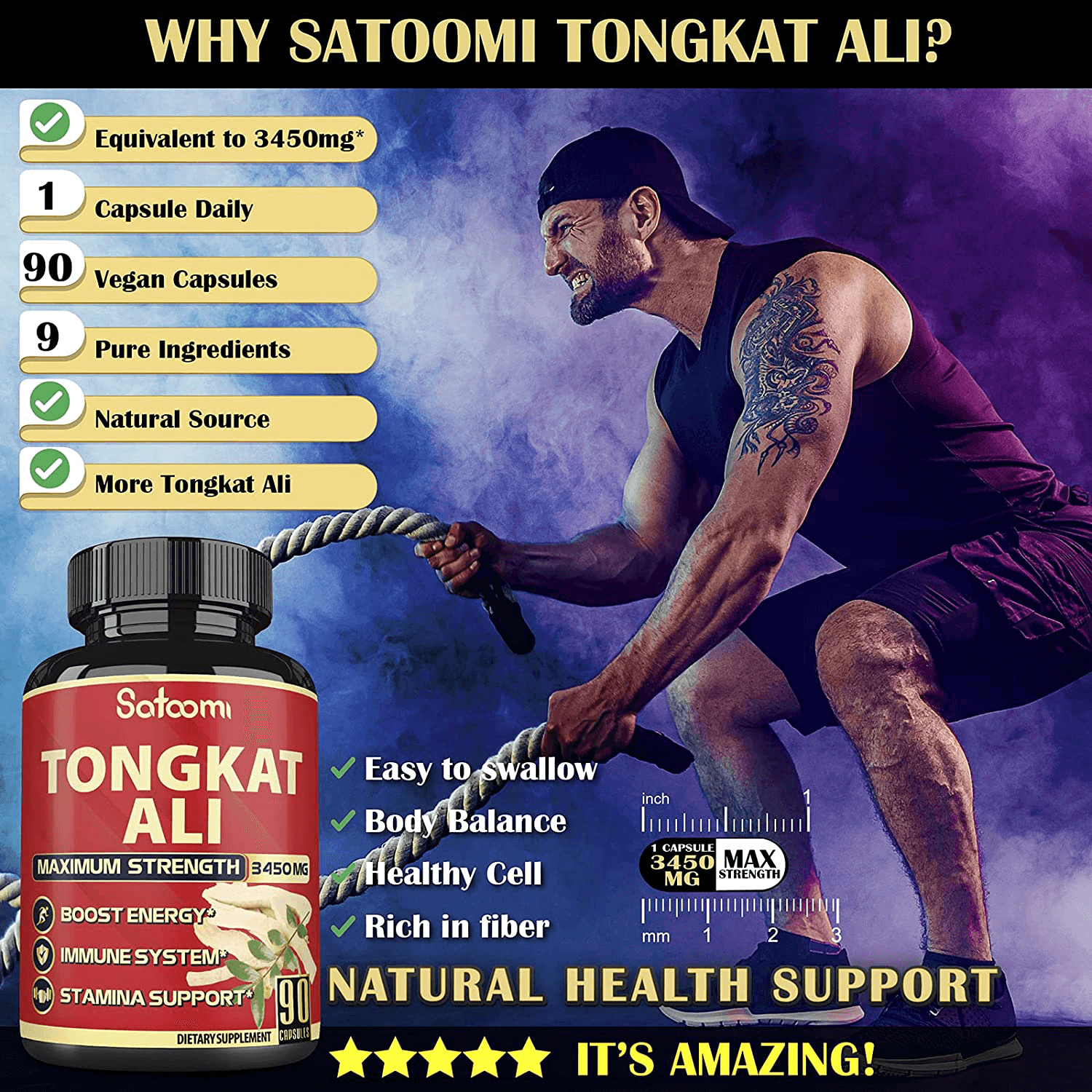 Natural Tongkat Ali Root Extract 200:1 - 9 Essential Herbs Equivalent to 3450mg - Support Strength, Energy and Healthy Immune - 1 Pack 90 Vegan Caps 3 Month Supply - vitamenstore.com