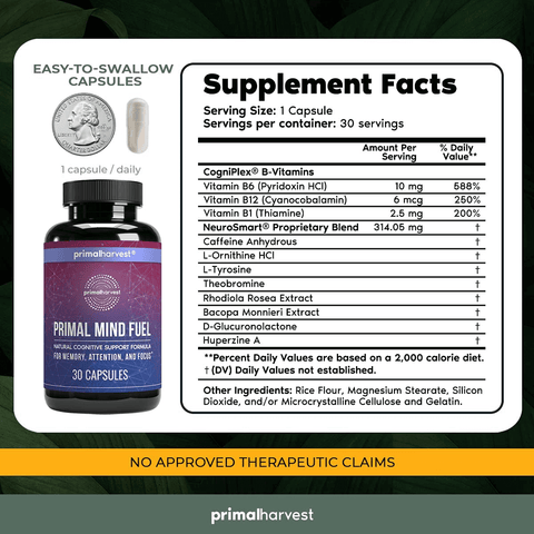 Brain Supplement by Primal Harvest - Primal Mind Fuel Brain Booster for Focus, Energy, Clarity, Memory Brain Health - Focus Supplement for Men and Woman 30 Capsules Nootropics Brain Support Supplement | Free Shipping | Vitamenstore.com