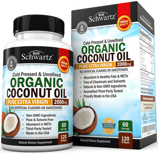 Coconut Oil Capsules 2000Mg - Organic Pure Extra Virgin Unrefined Cold Pressed & Non-Gmo for Healthy Skin Nails Weight Loss Hair Growth Brain Health Bloat Blood Pressure anti Aging Digestion - 120Ct - vitamenstore.com