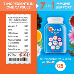 Qunol Immune Support 7 in 1 Immunity Defense Booster Supplement, Vitamin C, Zinc, Selenium, Elderberry, Echinacea, Eleuthero & Andrographis, Vegetarian Capsules, 90 Count - vitamenstore.com
