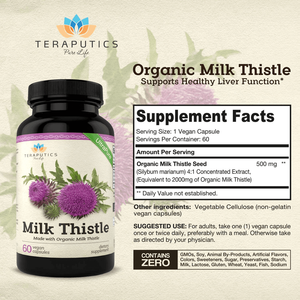 Organic Milk Thistle | Non GMO 2000mg 4X Concentrated Vegan Daily Supplement w/Silymarin Seed Extract for Liver Support, Detox and Cleanse - 60 Veggie Capsules - Vitamenstore.com