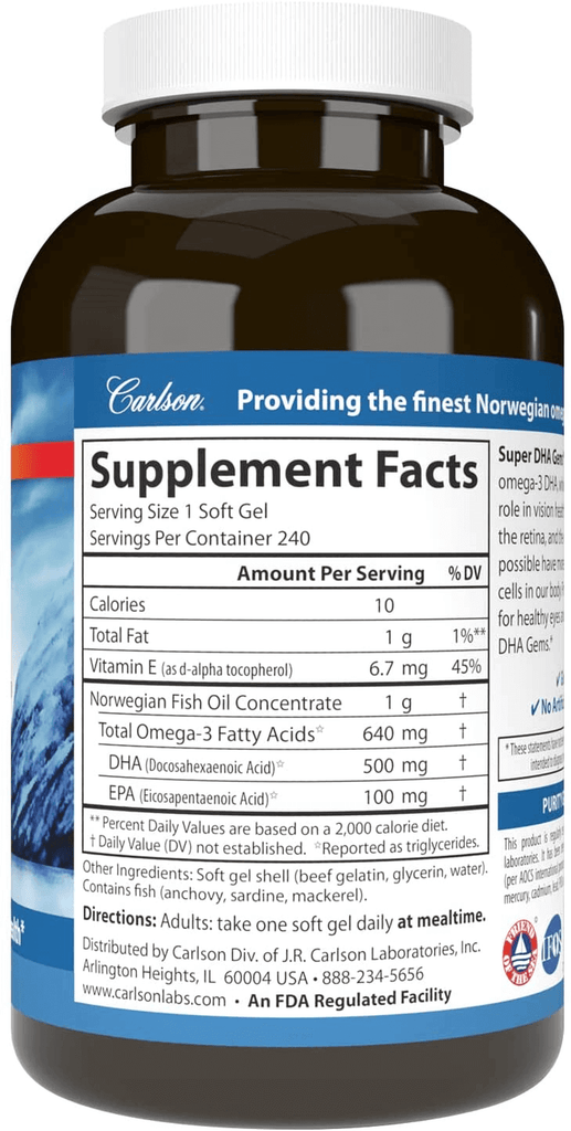 Carlson Super DHA Gems - 500 Mg DHA Supplements, 640 Mg Fatty Acids, Norwegian Fish Oil Concentrate, Wild-Caught, Sustainably Sourced Fish Oil Capsules, 240 Softgels