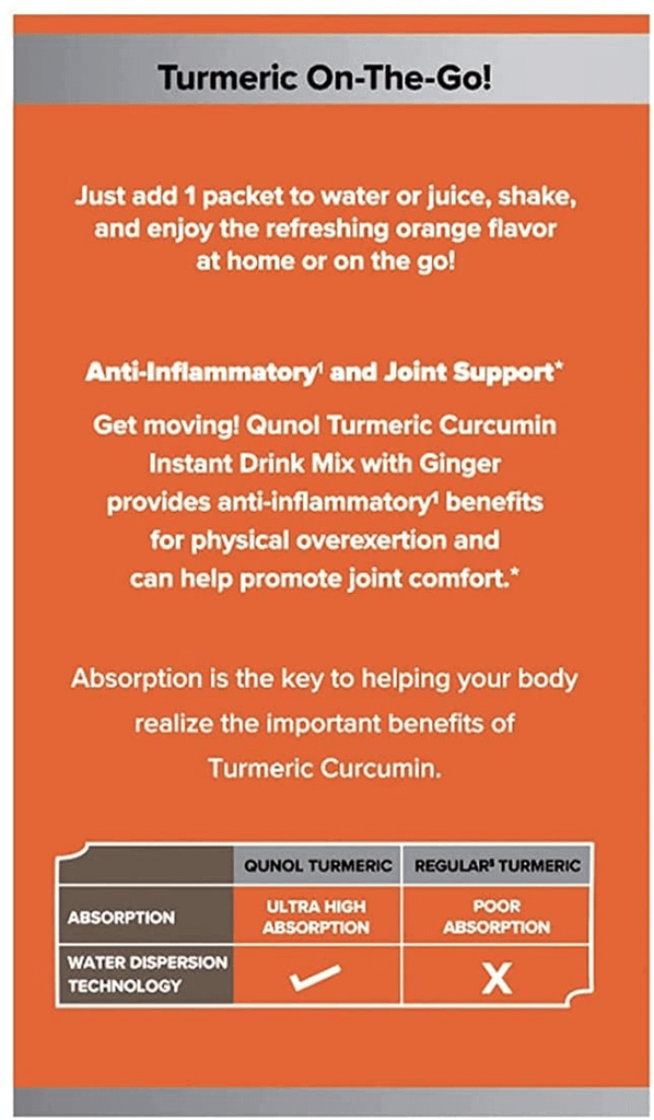 Qunol Turmeric Curcumin, Turmeric Powder, Instant Drink Mix Packets, Orange, Ultra Absorption, 500Mg Turmeric +50Mg Ginger, Supports Healthy Inflammation Response and Joint Health, Supplement, 3Ct