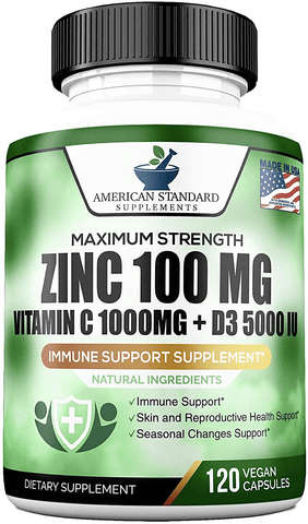 Zinc 100mg, Vitamin C 1000mg, Vitamin D 5000IU - Immune Support Supplement for Adults & Kids, Non-GMO, No Fillers, 120 Vegan Capsules, 60-Day Supply | Free Shipping | Vitamenstore.com